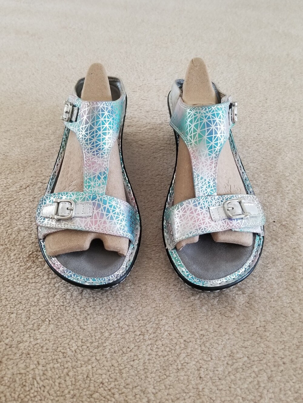 Alegria Lara Pretty Baby Wedge Silver Metallic Iridescent Sandals EU 42 US 10.5